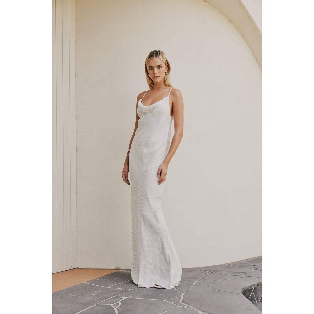 CURAAE Bella Maxi Cowl Neck Pinstripe Slip Dress In White Cocktail Size S NWT